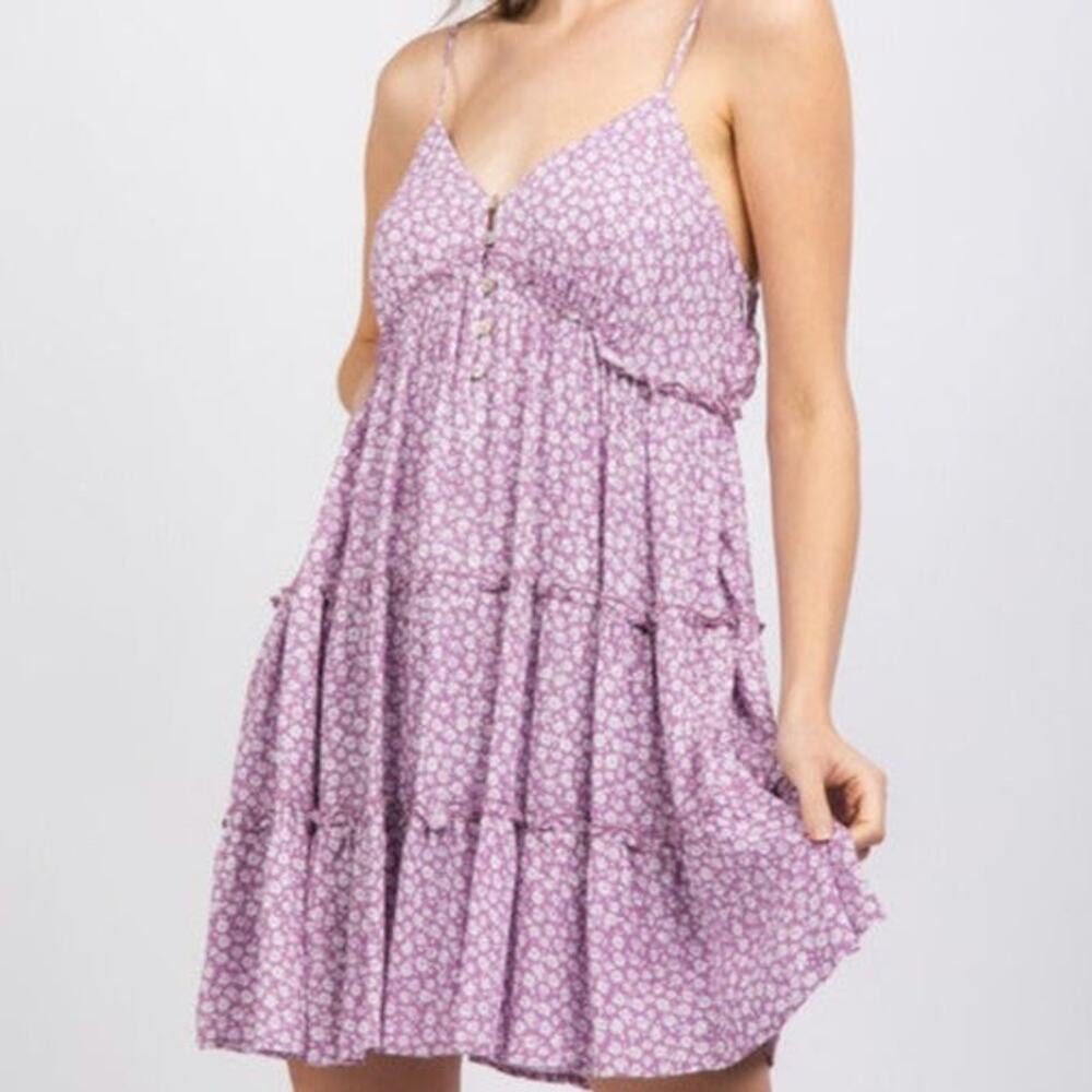 Dollette Purple Floral Summer Cami Flowy Dress Fairycore With Buttons